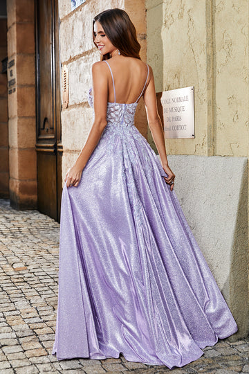Lilla A-Line Spaghetti Straps Abito lungo glitter prom con perline